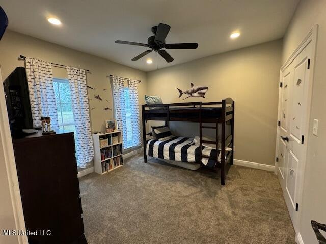 bedroom featuring carpet flooring and ceiling fan