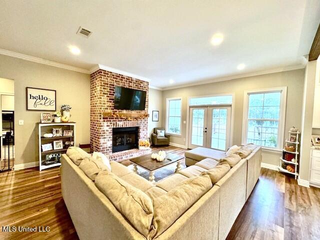 living room featuring crown molding, a fireplace, and dark hardwood / wood-style floors