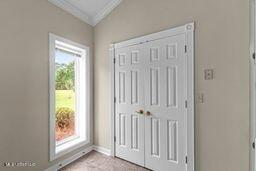 123 Munich Dr, Madison, MS 39110 - entryway featuring baseboards, ornamental molding, and vaulted ceiling