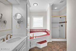 123 Munich Dr, Madison, MS 39110 - bathroom featuring ornamental molding, a stall shower, a bath, and vanity