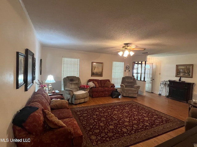 living room featuring hardwood / wood-style floors, a textured ceiling, and ceiling fan