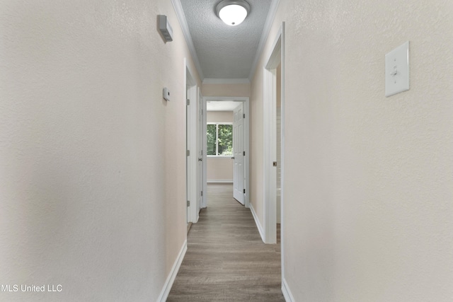 hall with baseboards, ornamental molding, a textured ceiling, and wood finished floors