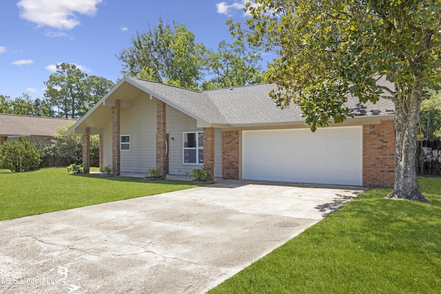 view of front of house with a garage, a front lawn, brick siding, a shingled roof, and concrete driveway