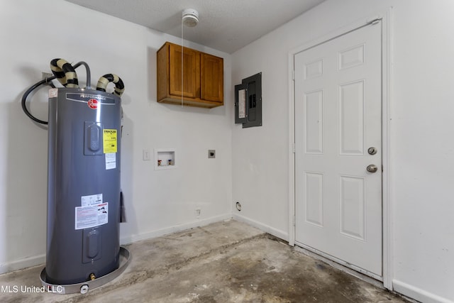 interior space with electric panel, electric water heater, electric dryer hookup, cabinet space, and washer hookup
