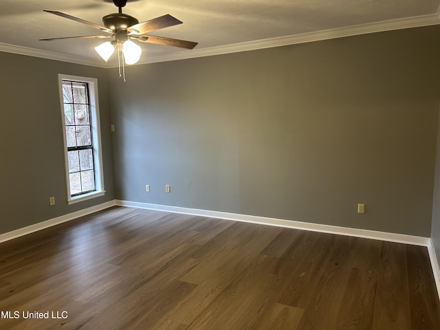 unfurnished room featuring dark wood-type flooring, ceiling fan, and crown molding