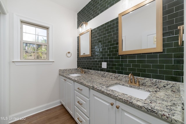 bathroom featuring tasteful backsplash, vanity, and wood-type flooring