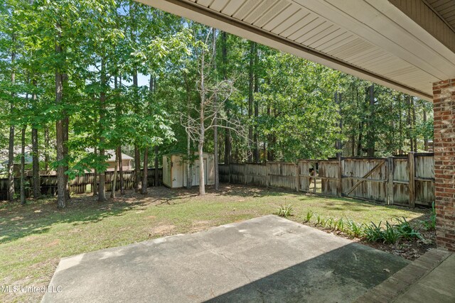 view of yard with a patio area, a storage shed, an outdoor structure, and a gate