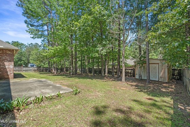 view of yard featuring a shed, an outdoor structure, and a patio area
