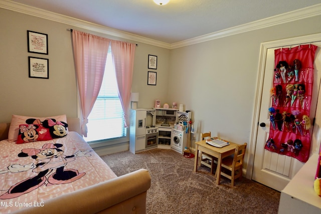 bedroom with ornamental molding and carpet