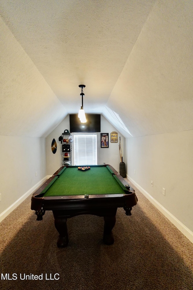 playroom with vaulted ceiling, carpet floors, pool table, and a textured ceiling