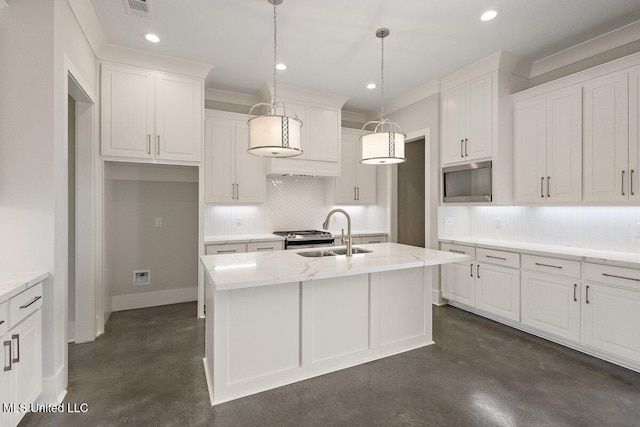 850 Glenwild Cir, Canton, MS 39046 - kitchen with finished concrete floors, decorative backsplash, white cabinetry, and recessed lighting