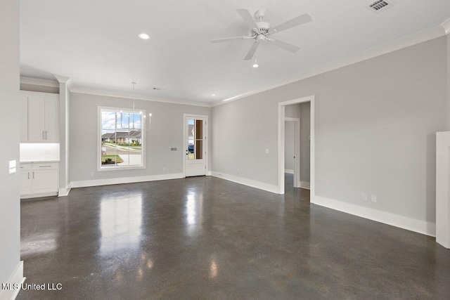 850 Glenwild Cir, Canton, MS 39046 - unfurnished living room with crown molding, concrete floors, recessed lighting, ceiling fan, and baseboards