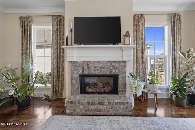 living room with a fireplace with raised hearth, wood finished floors, and a wealth of natural light