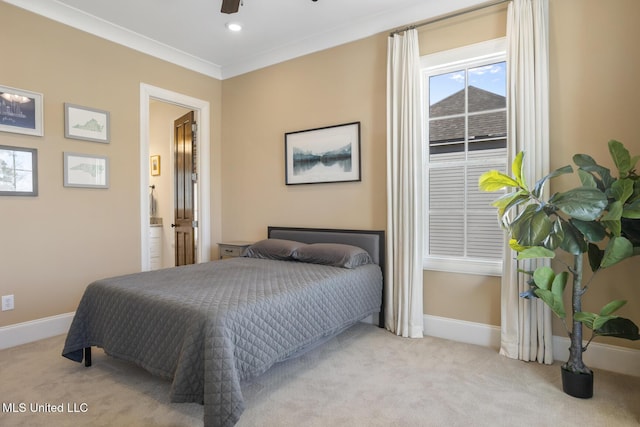 carpeted bedroom featuring ornamental molding, recessed lighting, baseboards, and ensuite bathroom