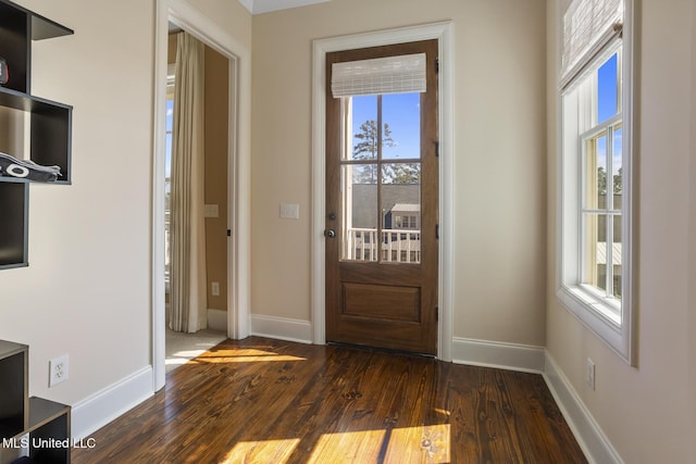 entryway featuring baseboards and dark wood-style flooring