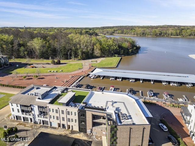 aerial view featuring a water view and a view of trees