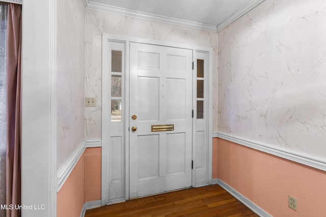 doorway to outside with wood-type flooring and ornamental molding