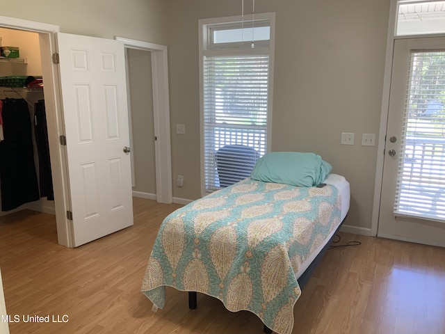 bedroom featuring light wood-style floors, a spacious closet, baseboards, and multiple windows