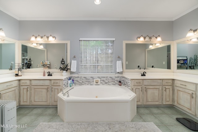 bathroom featuring tile patterned flooring, vanity, a tub, and ornamental molding