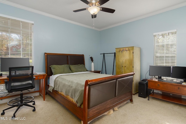 bedroom featuring ceiling fan, ornamental molding, and light carpet