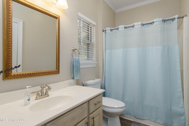 full bathroom with vanity, shower / bath combo, toilet, ornamental molding, and wood-type flooring