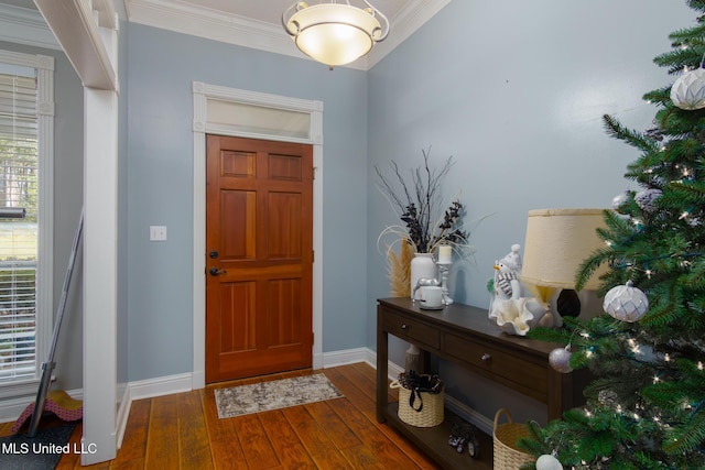 entryway featuring dark hardwood / wood-style flooring and ornamental molding