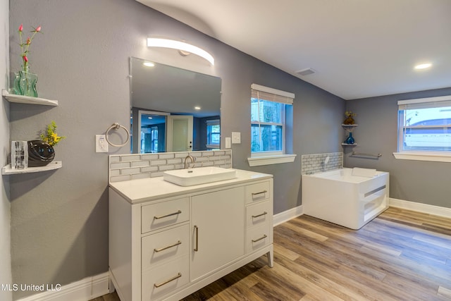 bathroom featuring vanity, tasteful backsplash, and hardwood / wood-style flooring