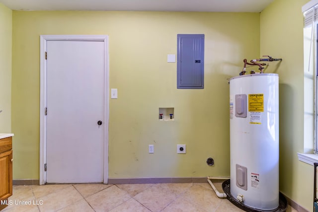 clothes washing area featuring washer hookup, hookup for an electric dryer, water heater, electric panel, and light tile patterned flooring