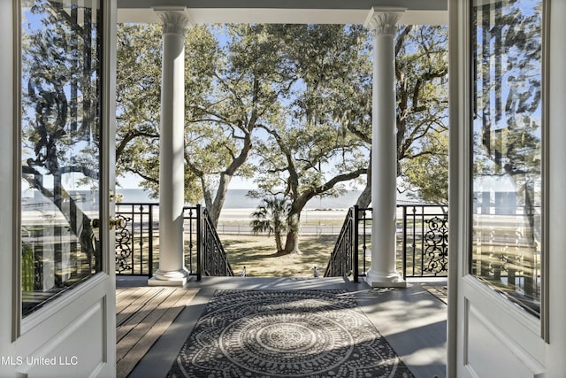 exterior space featuring a water view