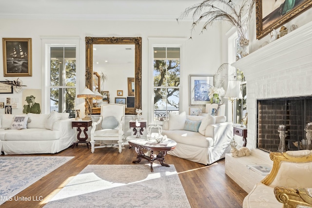 living area featuring ornamental molding, a wealth of natural light, and a fireplace