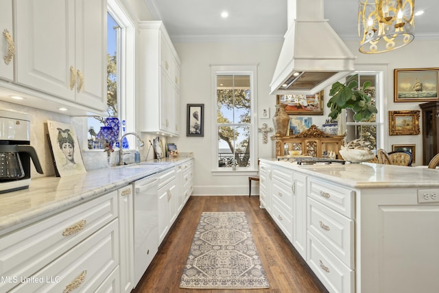 kitchen featuring white dishwasher, custom range hood, stainless steel gas cooktop, and crown molding