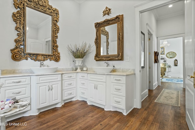 bathroom featuring double vanity, crown molding, a sink, and wood finished floors