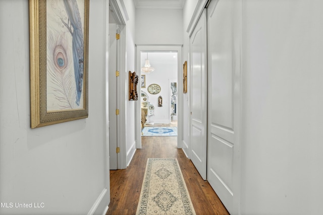 corridor featuring baseboards, dark wood finished floors, and crown molding