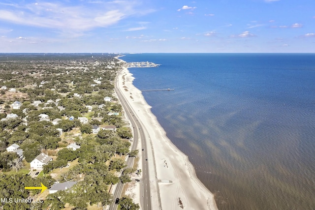 bird's eye view with a water view and a view of the beach