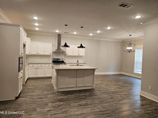 3545 Bailey Ln, Southaven, MS 38672 - kitchen featuring wall chimney exhaust hood, stainless steel appliances, crown molding, a sink, and recessed lighting
