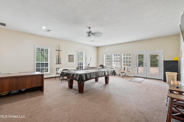 recreation room featuring french doors, ceiling fan, a healthy amount of sunlight, and pool table