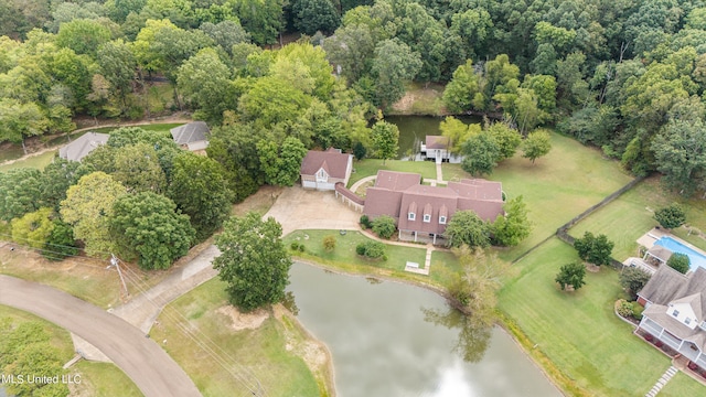 aerial view featuring a water view