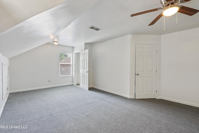 bonus room featuring carpet, vaulted ceiling, and ceiling fan