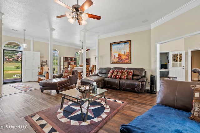 living room featuring crown molding, a textured ceiling, dark hardwood / wood-style floors, and decorative columns