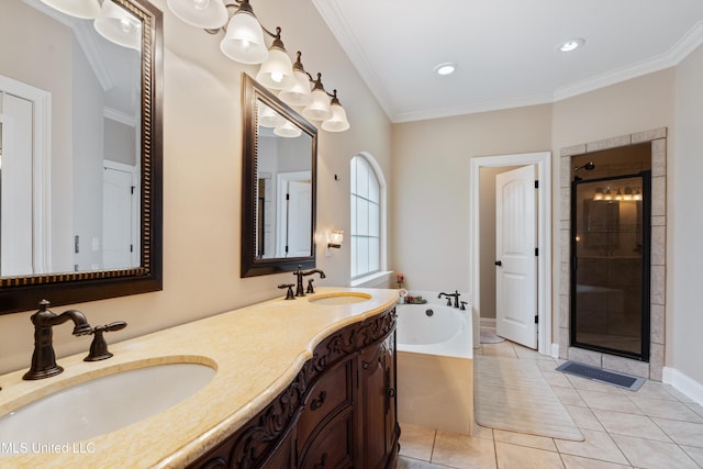 bathroom featuring tile patterned flooring, separate shower and tub, and ornamental molding