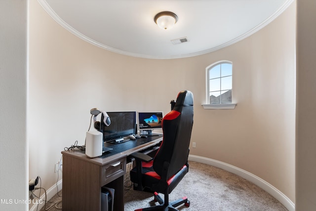 office area featuring carpet floors and crown molding