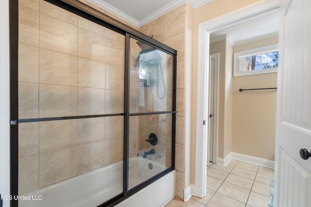 bathroom featuring bath / shower combo with glass door, tile patterned floors, and ornamental molding