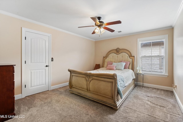 bedroom with ceiling fan, light carpet, and crown molding