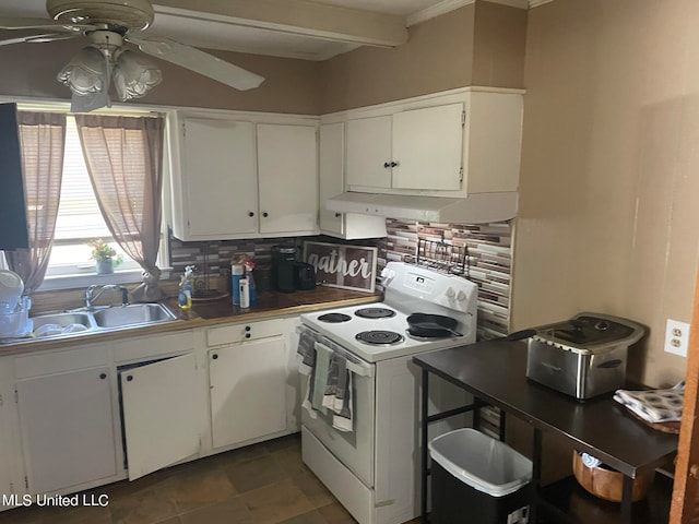 kitchen with white cabinetry, electric stove, tasteful backsplash, and sink