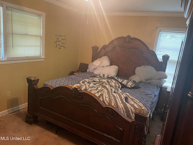 bedroom featuring crown molding and carpet