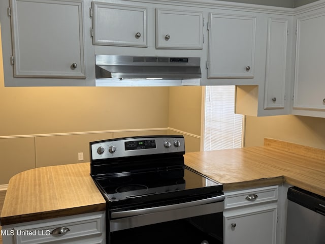 kitchen with white cabinets, stainless steel dishwasher, and electric stove