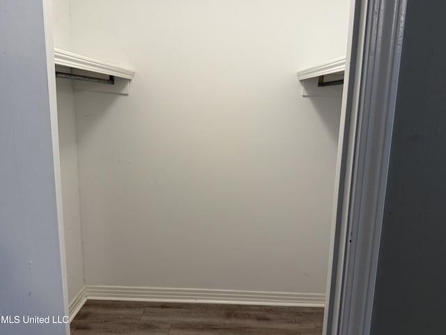 walk in closet with dark wood-type flooring