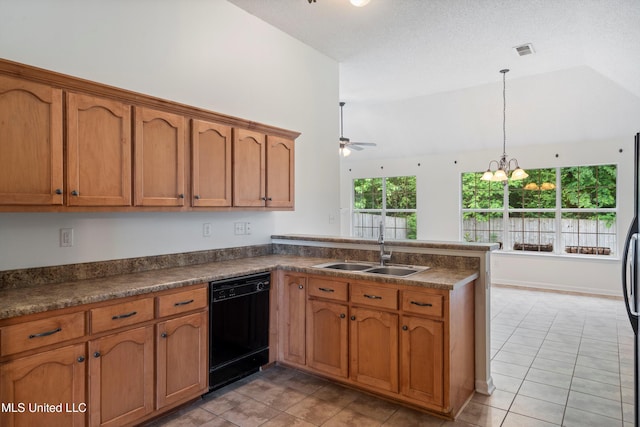 kitchen featuring dishwasher, brown cabinetry, light tile patterned floors, a peninsula, and vaulted ceiling