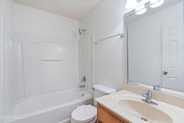 full bath with toilet, tub / shower combination, and vanity
