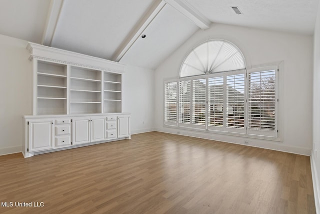 unfurnished living room featuring lofted ceiling with beams and light hardwood / wood-style floors